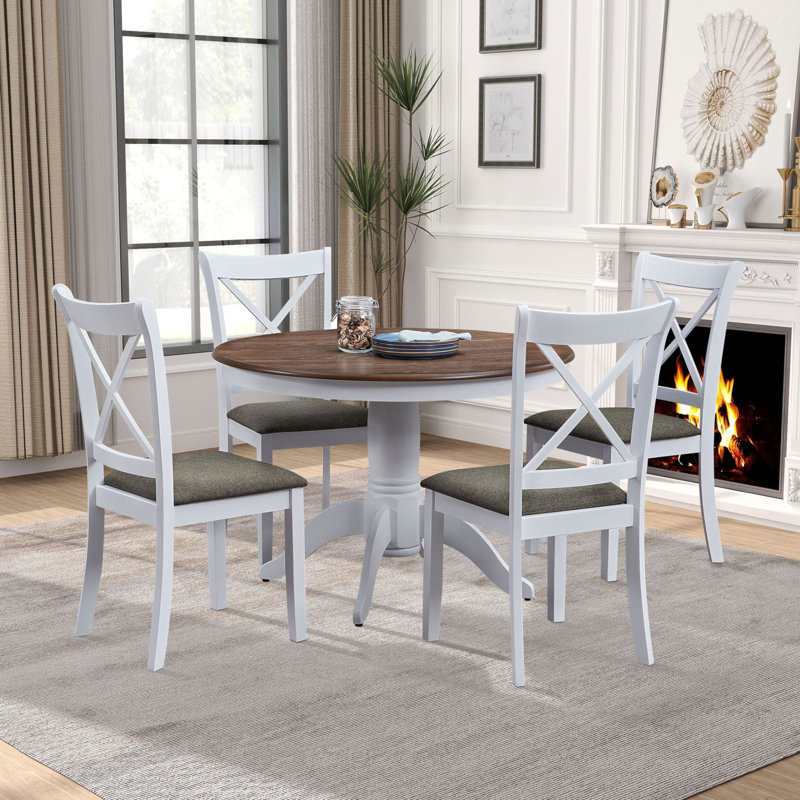 Gracie Oaks Wooden Dining Table Set For 4 Persons Modern Design Round Kitchen Table With Curved Trestle Legs And Upholstered Dining Chairs For Dining Room Kitchen Saving Space Wayfair